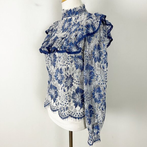 Vici Blue Floral Lace Top Ruffle Neckline Fairy Boho Size Small Women's - Picture 3 of 5